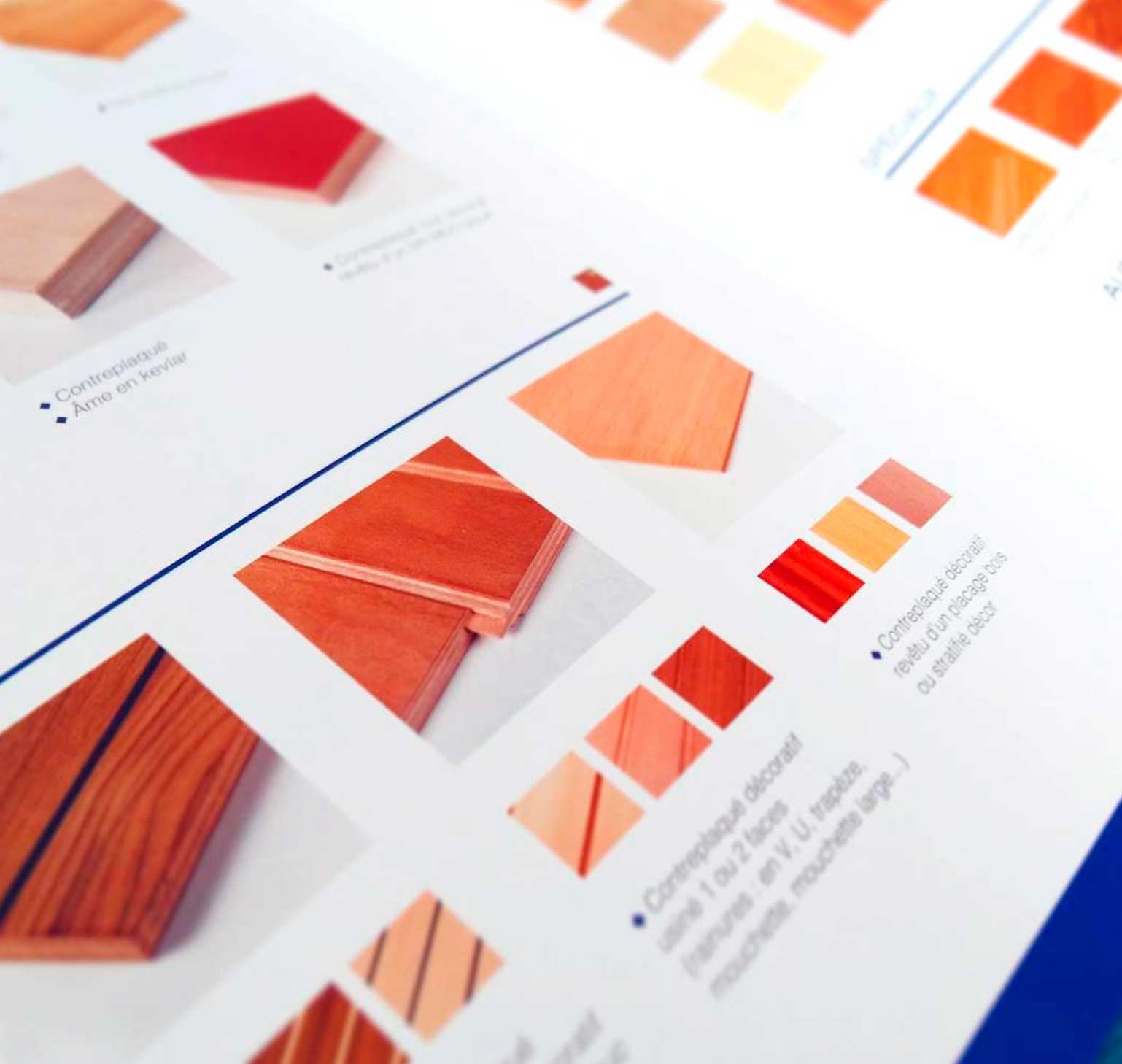 Intérieur de la brochure commerciale pour Toubois, fabricant de panneaux décoratifs et techniques. Par Vanja BASIC.