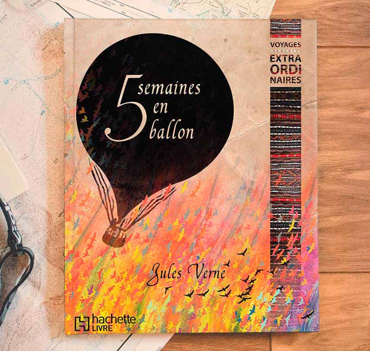 Couverture pour le roman de voyage « Cinq semaines en ballon » de Jules Verne, par Vanja BASIC, graphiste et illustratrice à Bordeaux