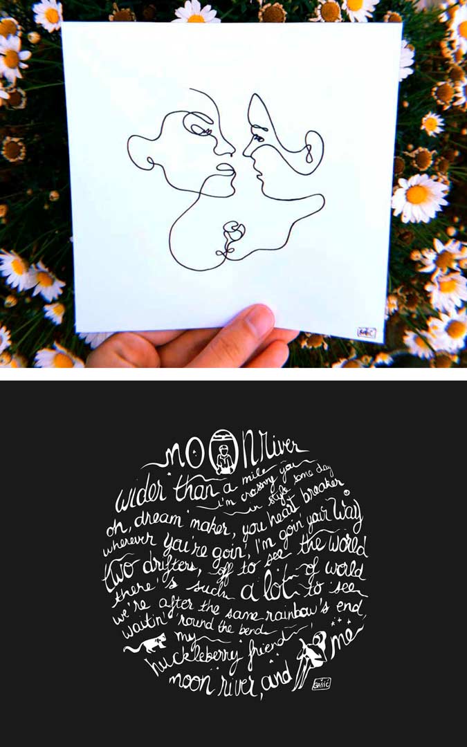 Dessin en un trait et travail de lettrage sur un calligramme, par Vanja BASIC