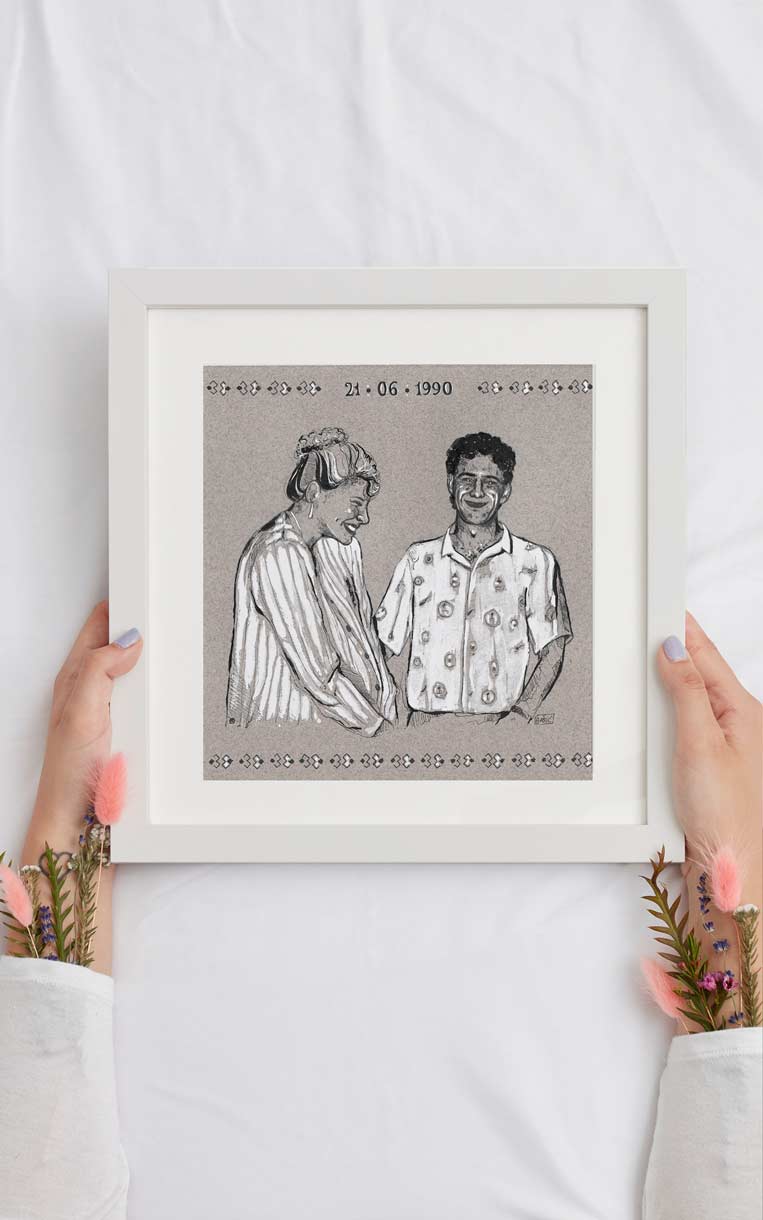 Dessin sur papier Mi-Teintes, pour un anniversaire de mariage, par Vanja BASIC, graphiste et illustratrice à Bordeaux